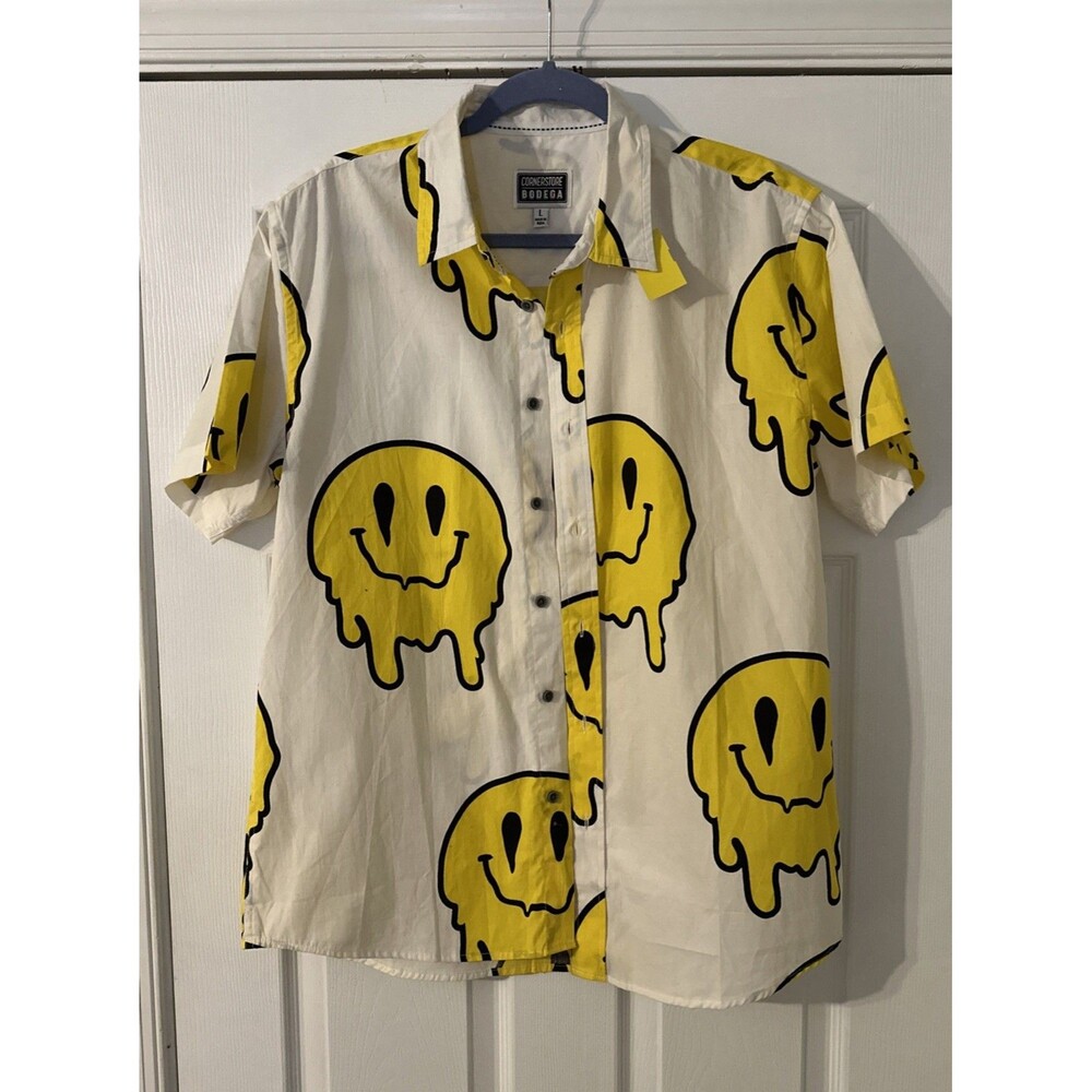 Cornerstore Bodega Men’s Sz L Yellow  Happy Face Mushroom Camp Shirt